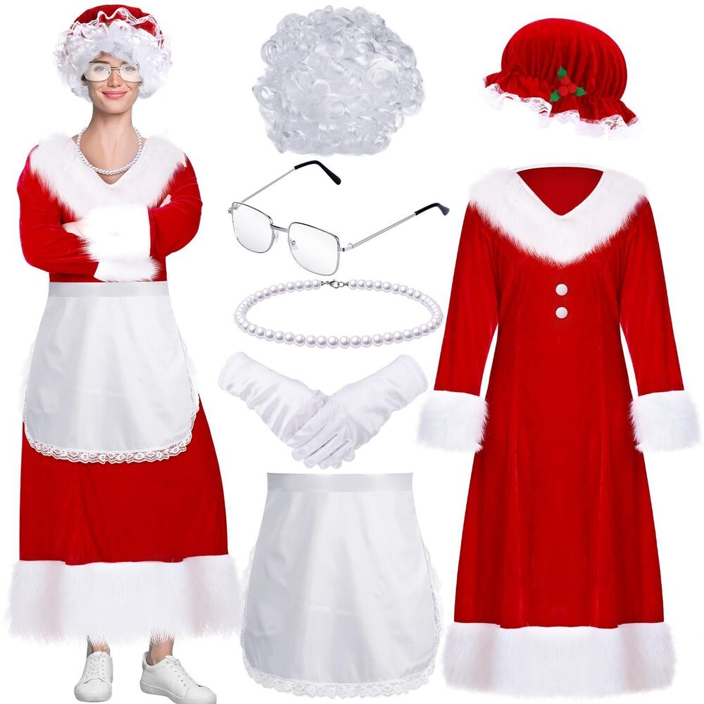 3384 7 Pcs Mrs. Claus Costume Santa Claus Costume Thick Velvet Santa Dress